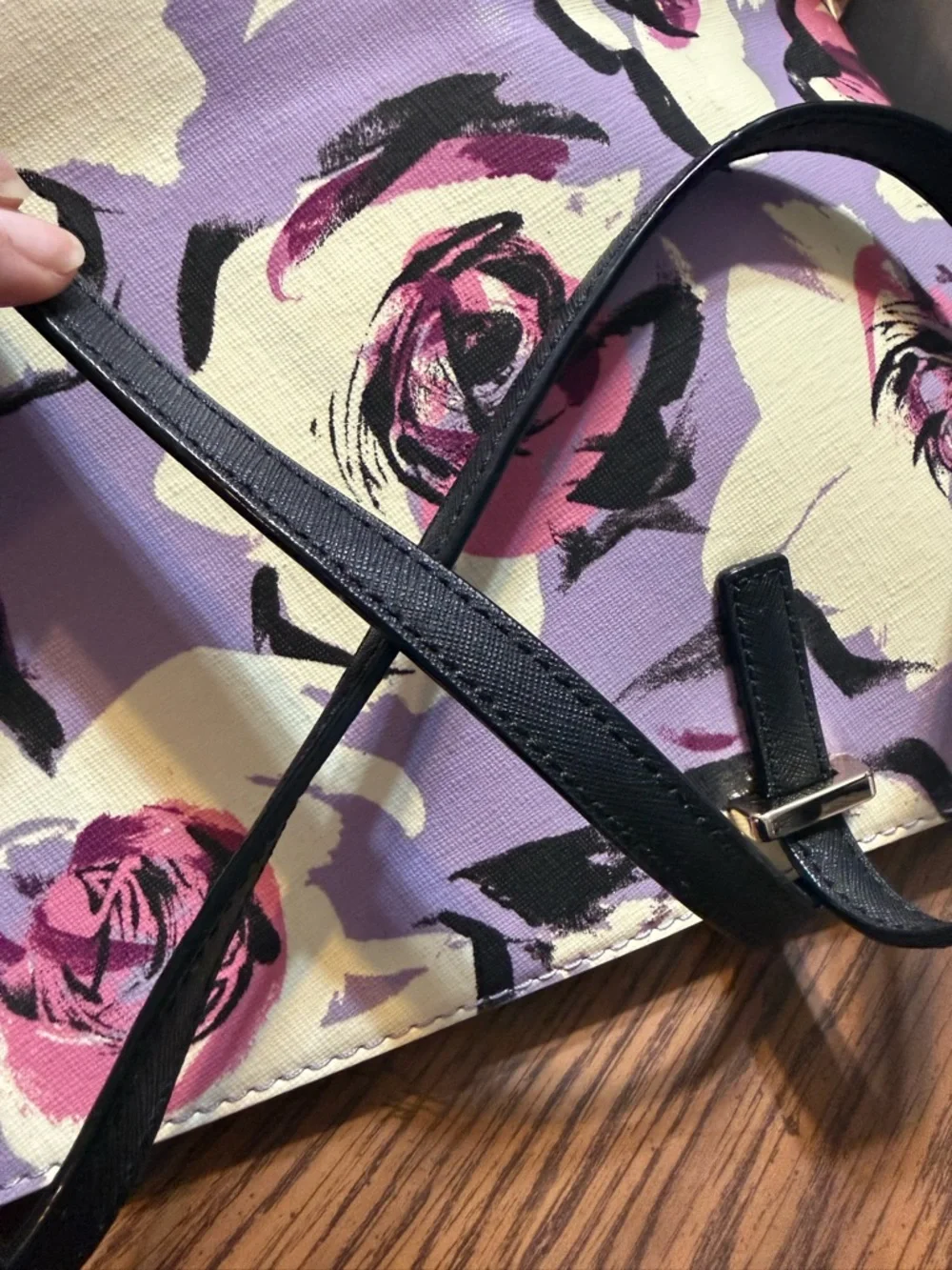 Kate Spade Floral Tote Cream Purple Leather Shoulder Bag Large Chic